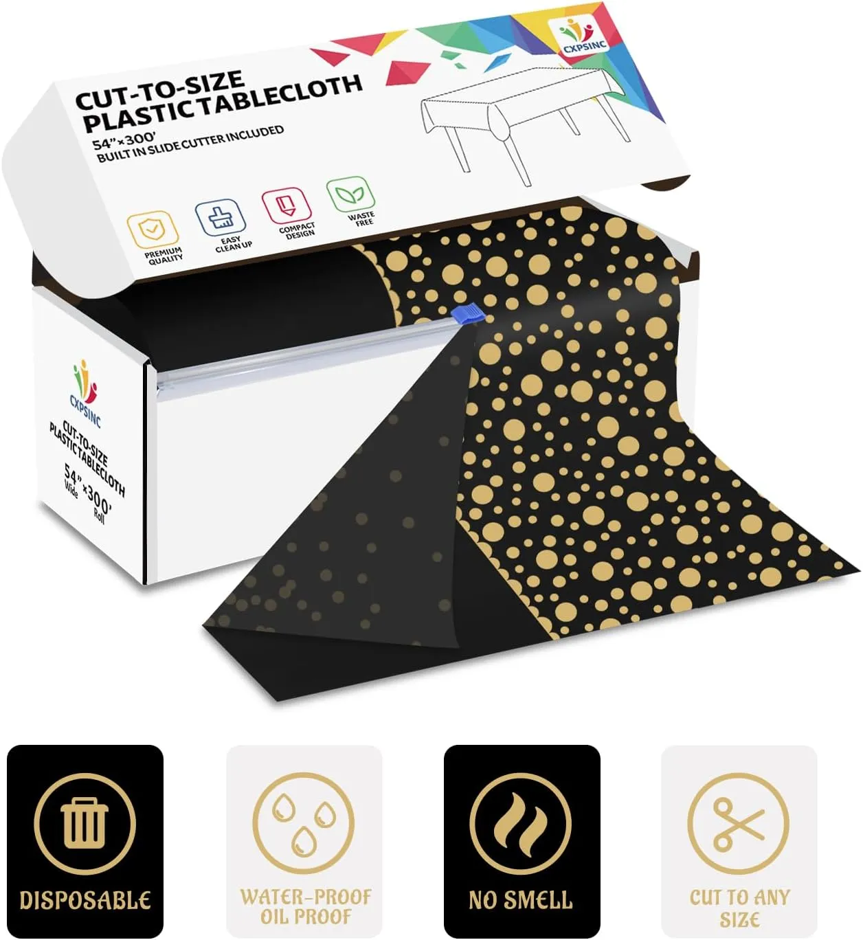 CXPSINC Plastic Table Cover Roll with Slide Cutter, Disposable Tablecloth Roll for Picnic, Party, Banquet, Birthdays, Weddings (Black & Gold Dot Runner, 54 Inch X 300 Feet)