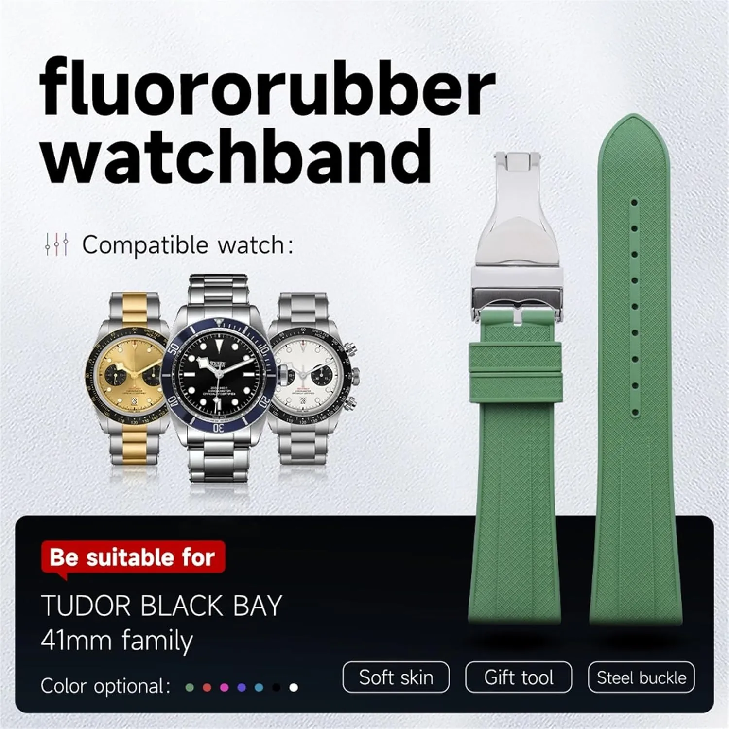 DASEB 22mm Flat End Soft Fluororubber Watch Band For TUDOR Strap M79360.M79363 Stainless Fold Buckle Black Bay 1958 GMT 41mm Pelagos