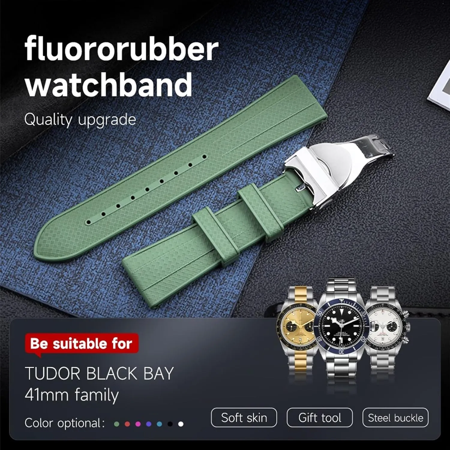 DASEB 22mm Flat End Soft Fluororubber Watch Band For TUDOR Strap M79360.M79363 Stainless Fold Buckle Black Bay 1958 GMT 41mm Pelagos