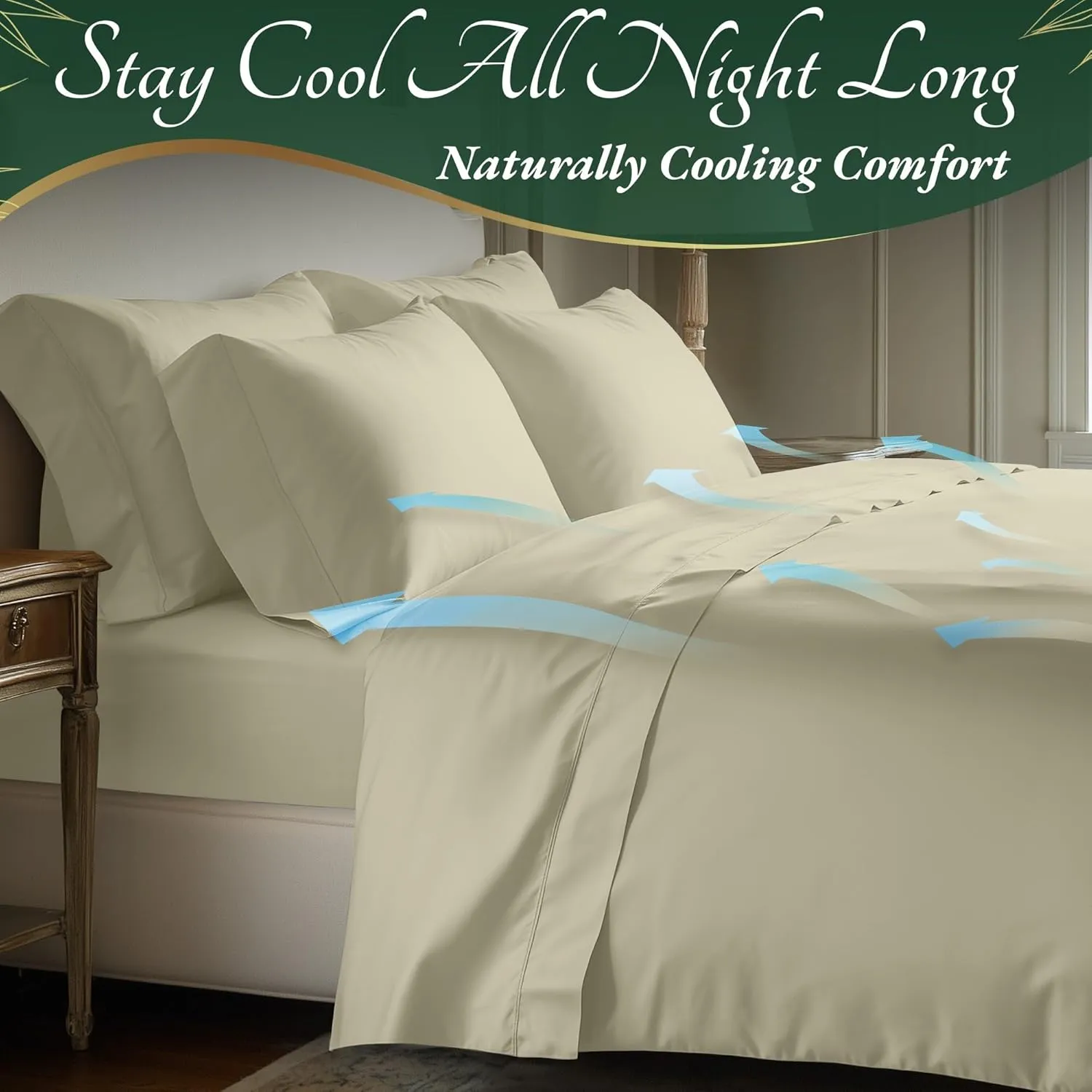 DECOLURE 100% Organic Viscose Derived from Bamboo Sheets King Size 6pcs - Ultra Soft & Luxuriously Cooling, 17" Deep Pocket, Double Stitching, Perfect for Hot Sleepers - King Bed Sheets (Creme)