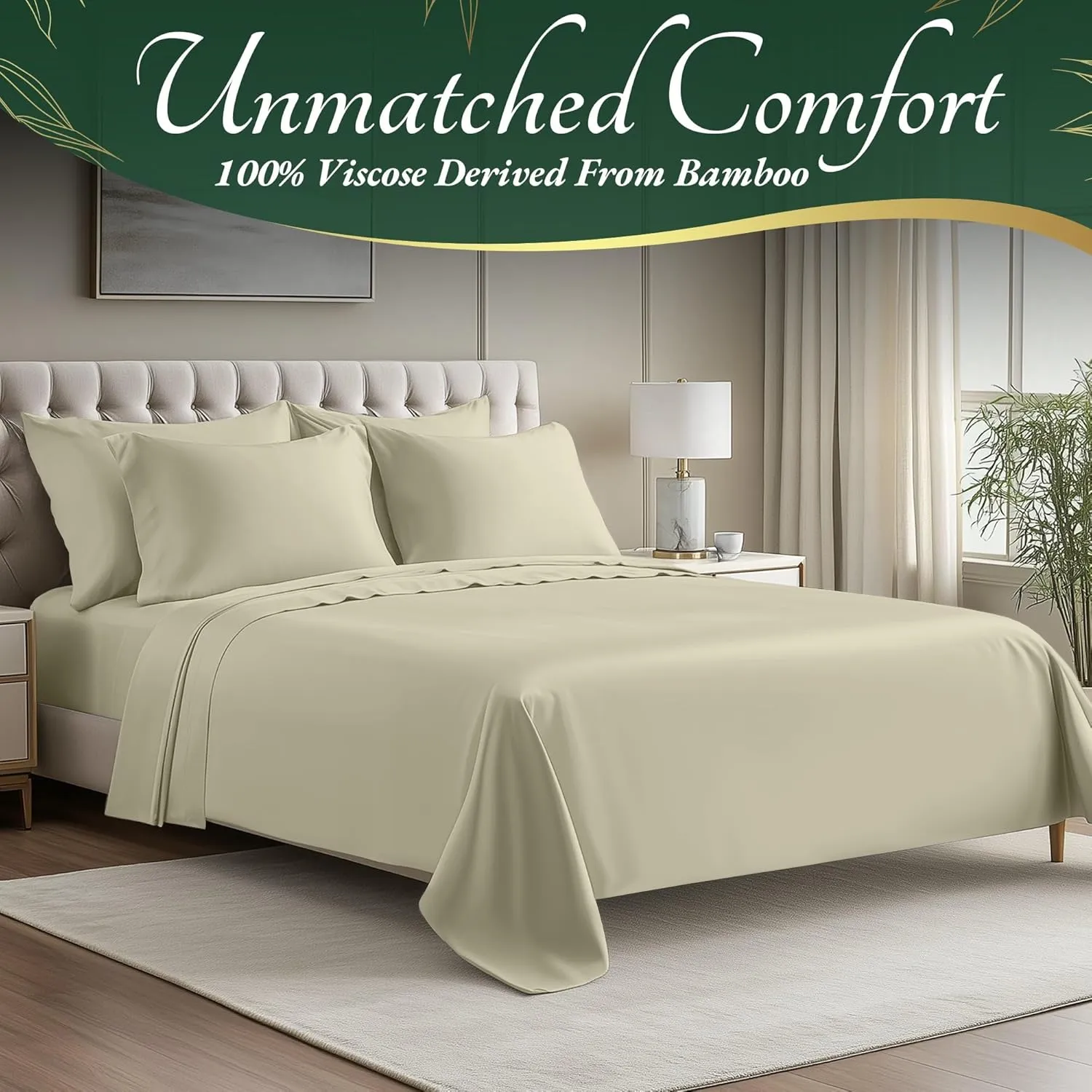 DECOLURE 100% Organic Viscose Derived from Bamboo Sheets King Size 6pcs - Ultra Soft & Luxuriously Cooling, 17" Deep Pocket, Double Stitching, Perfect for Hot Sleepers - King Bed Sheets (Creme)