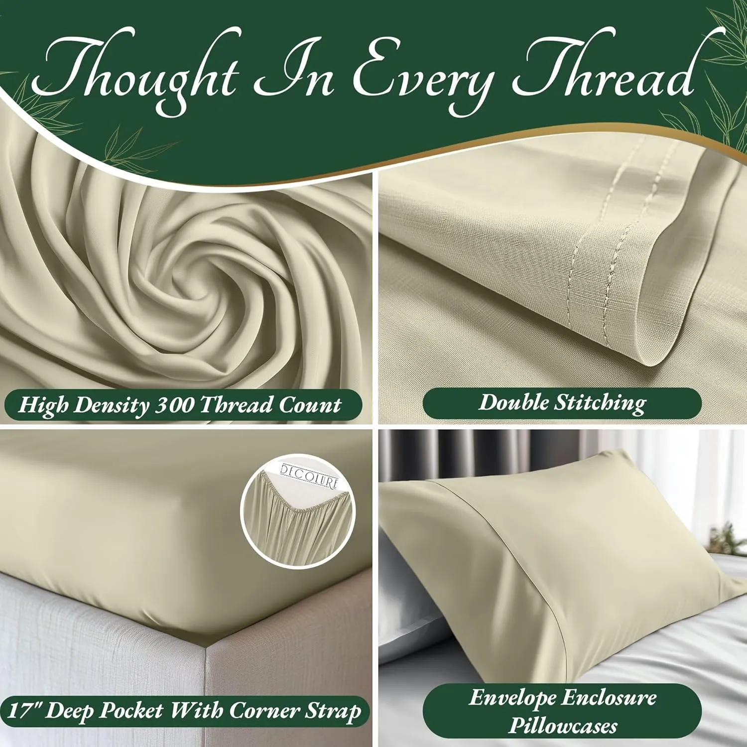 DECOLURE 100% Organic Viscose Derived from Bamboo Sheets King Size 6pcs - Ultra Soft & Luxuriously Cooling, 17" Deep Pocket, Double Stitching, Perfect for Hot Sleepers - King Bed Sheets (Creme)
