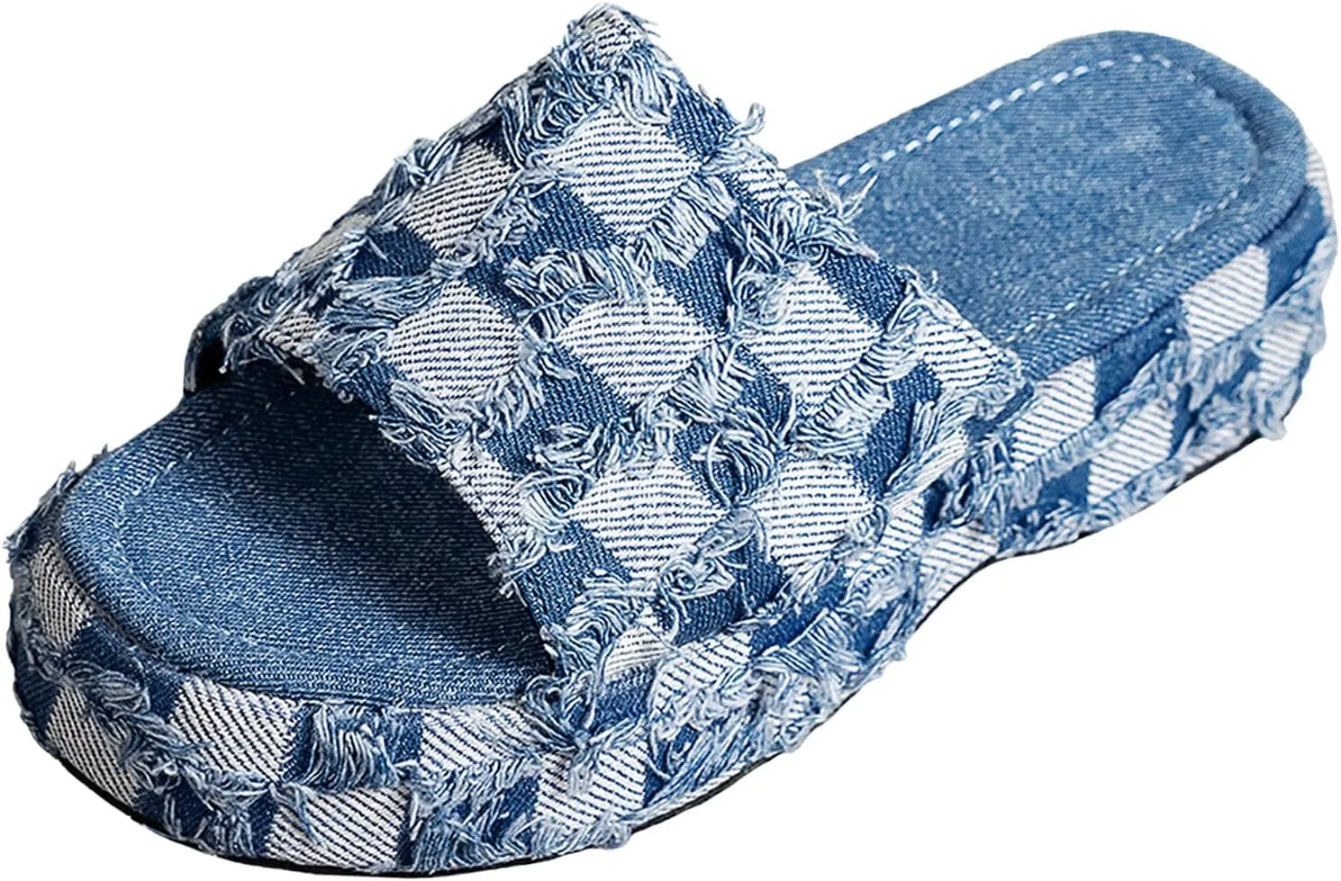 Denim Platform Slide Sandals for Women Round Open Toe Comfortable Casual Slip-On Summer Outdoor Walking Beach Slippers