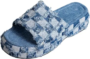 Denim Platform Slide Sandals for Women Round Open Toe Comfortable Casual Slip-On Summer Outdoor Walking Beach Slippers