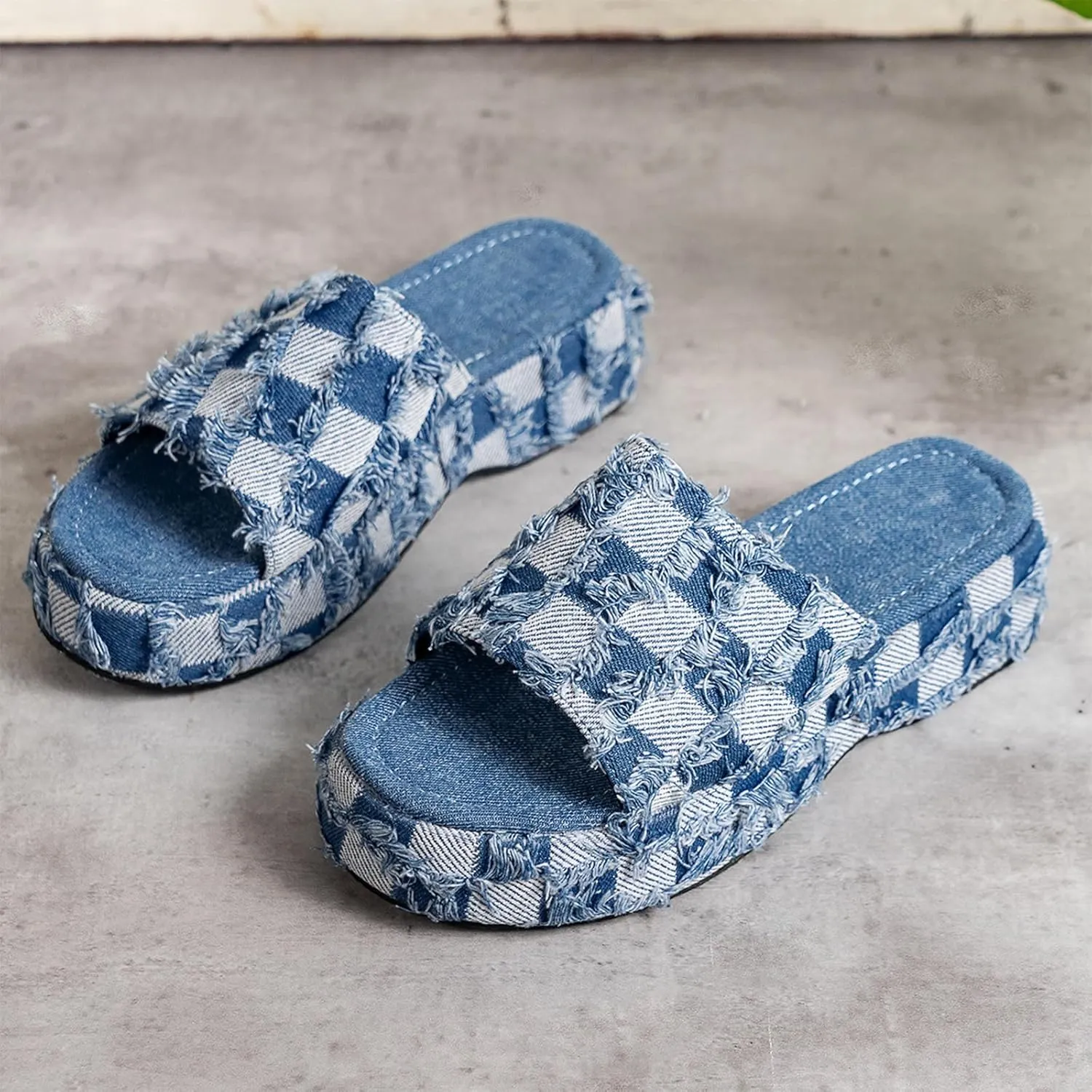 Denim Platform Slide Sandals for Women Round Open Toe Comfortable Casual Slip-On Summer Outdoor Walking Beach Slippers