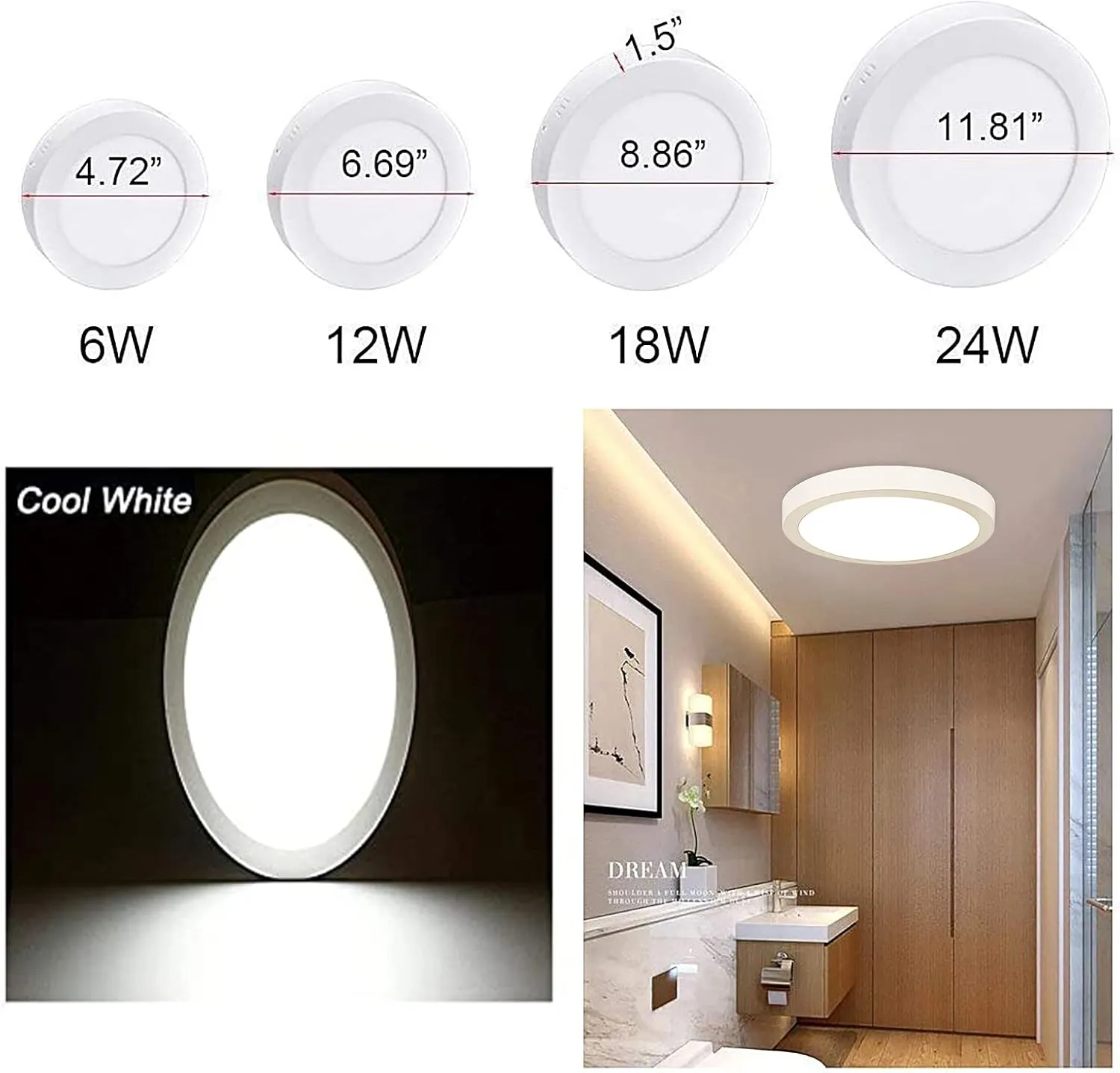 DINGLILIGHTING Flush Mount LED Ceiling Light Fixture-24W Soft Daylight Flat Round Surface Mounted Downlight Lamp Lighting for Closet/Bedroom/Dining Room/Kitchen/Kids Room/Dorm Room