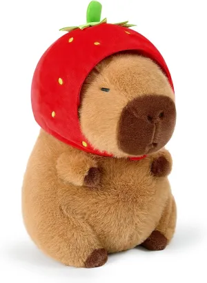 Ditucu Cute Capybara Plush Wear Strawberry Hat Soft Capibara Stuffed Animal Plushies Toys Hugging Gifts for Kids Brown 13 inch