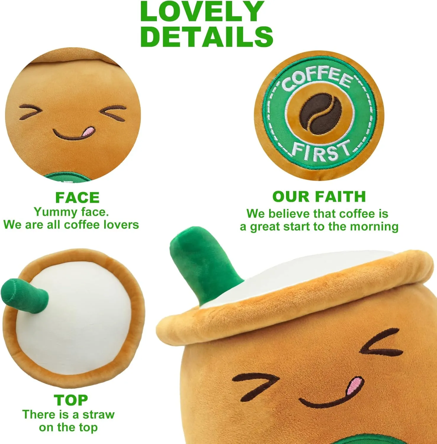 Ditucu Cute Coffee Cafe Cup Boba Plush Kawaii Bubble Plushie Milk Tea Pillow Soft Stuffed Animals Toys Gifts for Kids Brown 13.7 inch