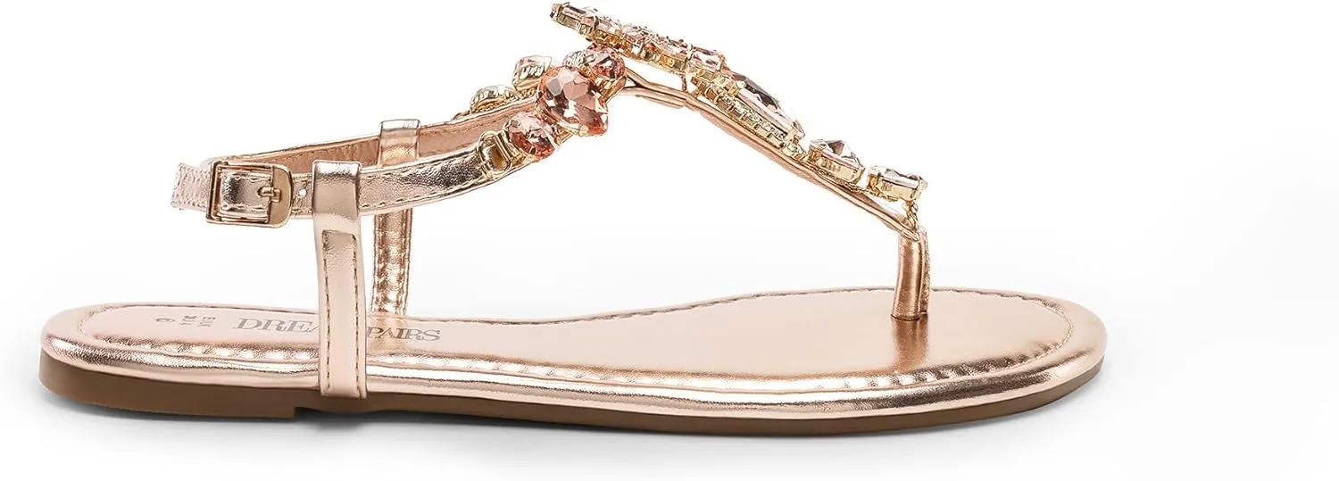 DREAM PAIRS Flat Sandals for Women Dressy Rhinestone T-Strap Thong Flat Sandals for Summers Dress Beach