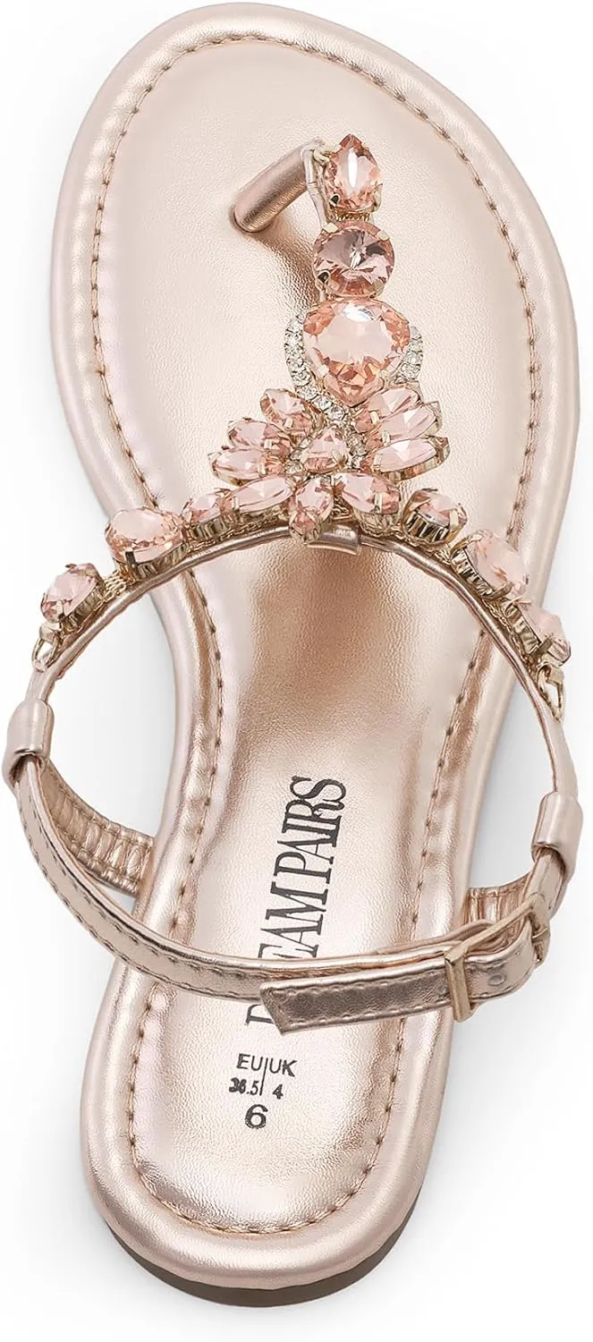 DREAM PAIRS Flat Sandals for Women Dressy Rhinestone T-Strap Thong Flat Sandals for Summers Dress Beach