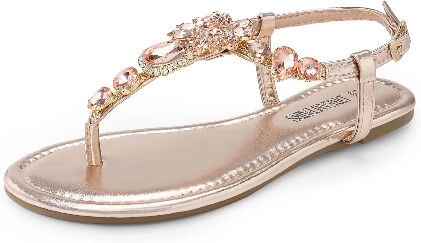 DREAM PAIRS Flat Sandals for Women Dressy Rhinestone T-Strap Thong Flat Sandals for Summers Dress Beach