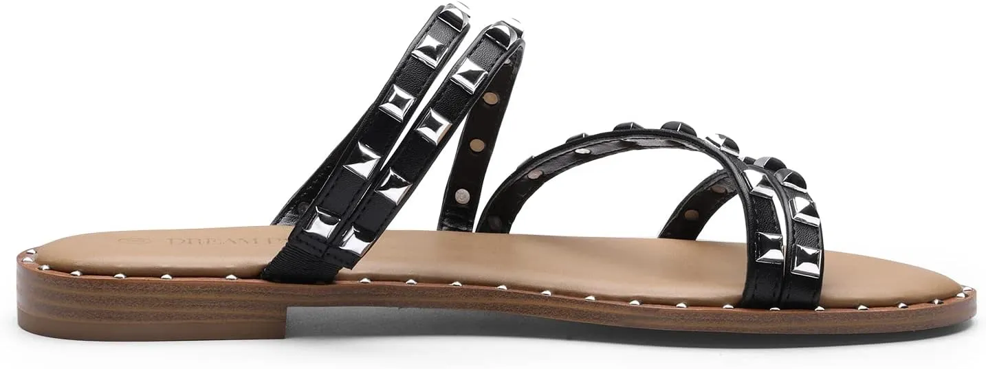 DREAM PAIRS Women's Clear Studded Rhinestone Slide Sandals Slip on Open Toe Cute Flat Sandals for Summer