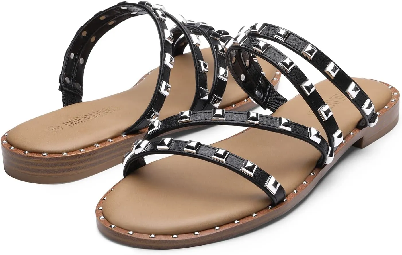 DREAM PAIRS Women's Clear Studded Rhinestone Slide Sandals Slip on Open Toe Cute Flat Sandals for Summer