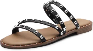 DREAM PAIRS Women's Clear Studded Rhinestone Slide Sandals Slip on Open Toe Cute Flat Sandals for Summer