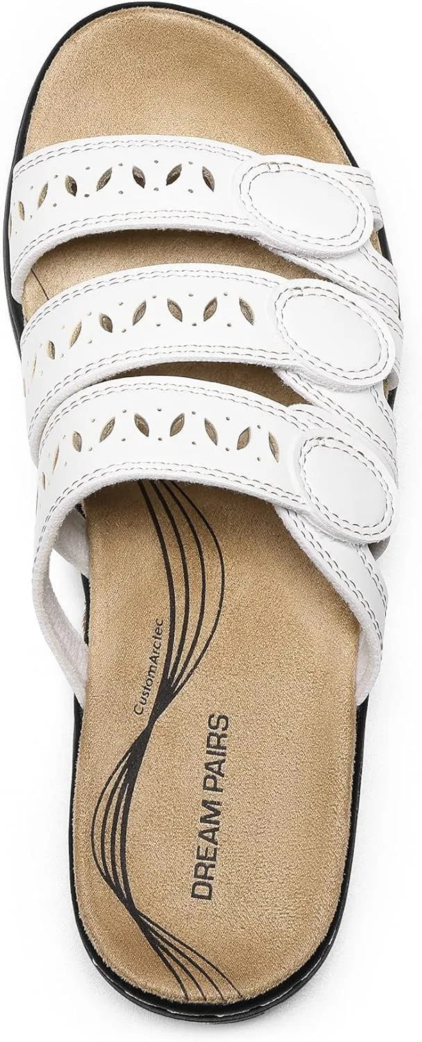 DREAM PAIRS Women's Slide Sandals Comfortable Arch Support Casual Walking Sandals Adjustable Straps Slip On Low Wedge Flat Sandals