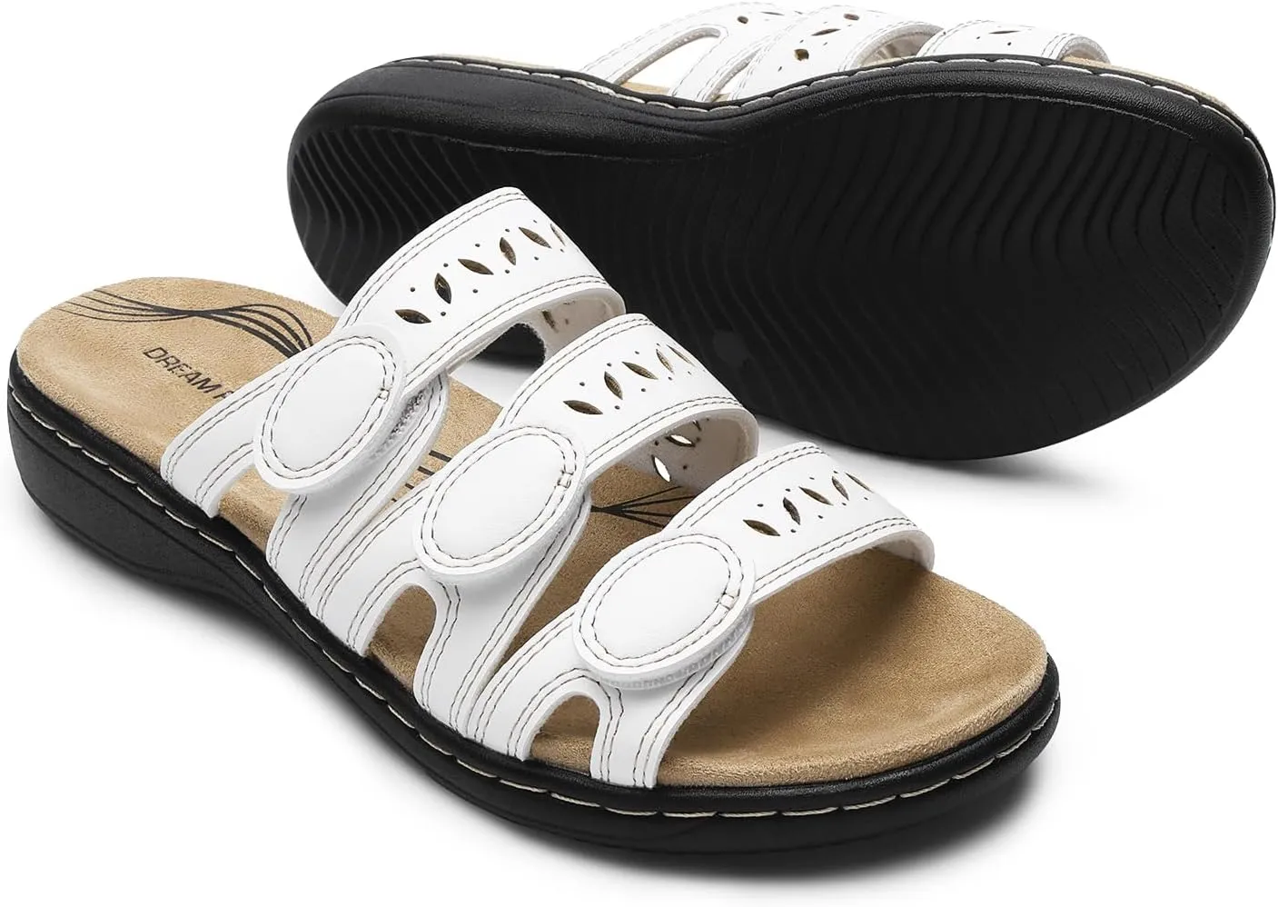 DREAM PAIRS Women's Slide Sandals Comfortable Arch Support Casual Walking Sandals Adjustable Straps Slip On Low Wedge Flat Sandals