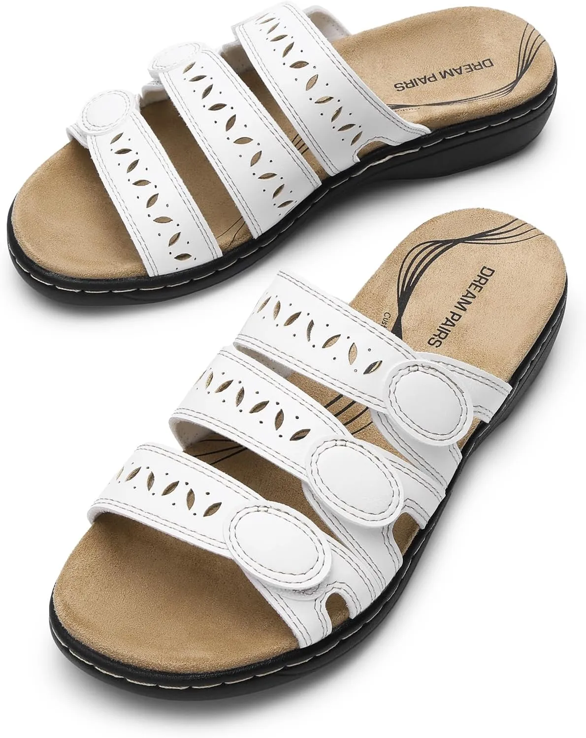 DREAM PAIRS Women's Slide Sandals Comfortable Arch Support Casual Walking Sandals Adjustable Straps Slip On Low Wedge Flat Sandals