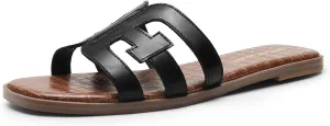 DREAM PAIRS Women's Slip-on Slides Open Toe Dressy Flat Slide Sandals Fashion Classic Summer Beach Slippers