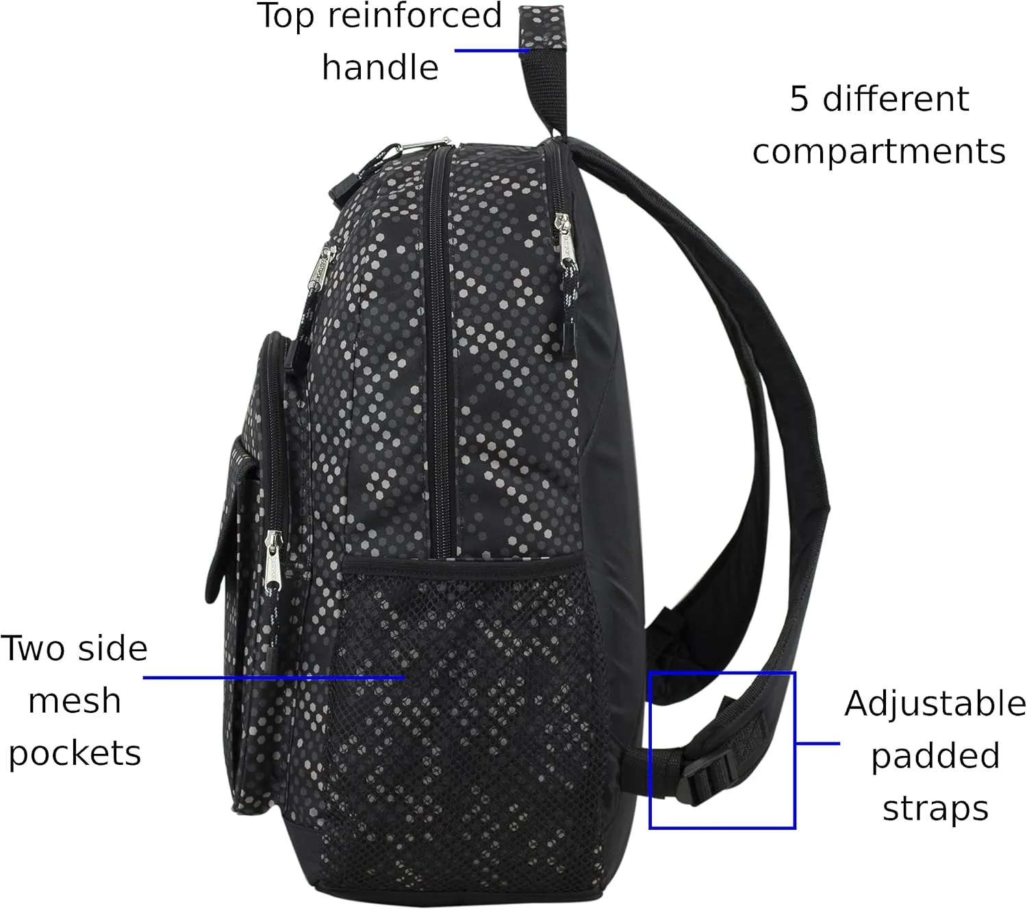 Eastsport Travel Luggage Carry On Weekender Backpack Daypack Large Tech Laptop Bag for Work, Gym, Hiking, Black Hexagon Dotted Print