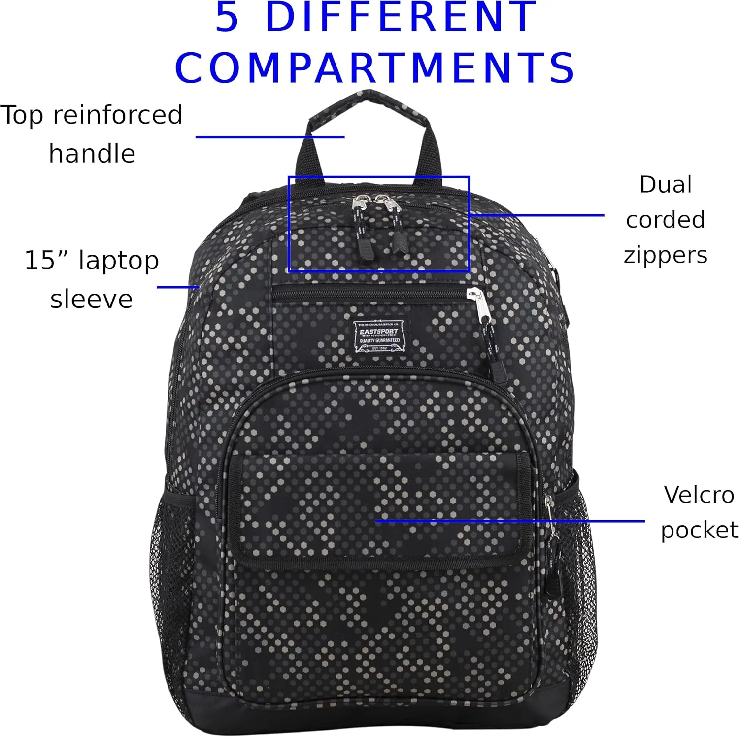 Eastsport Travel Luggage Carry On Weekender Backpack Daypack Large Tech Laptop Bag for Work, Gym, Hiking, Black Hexagon Dotted Print