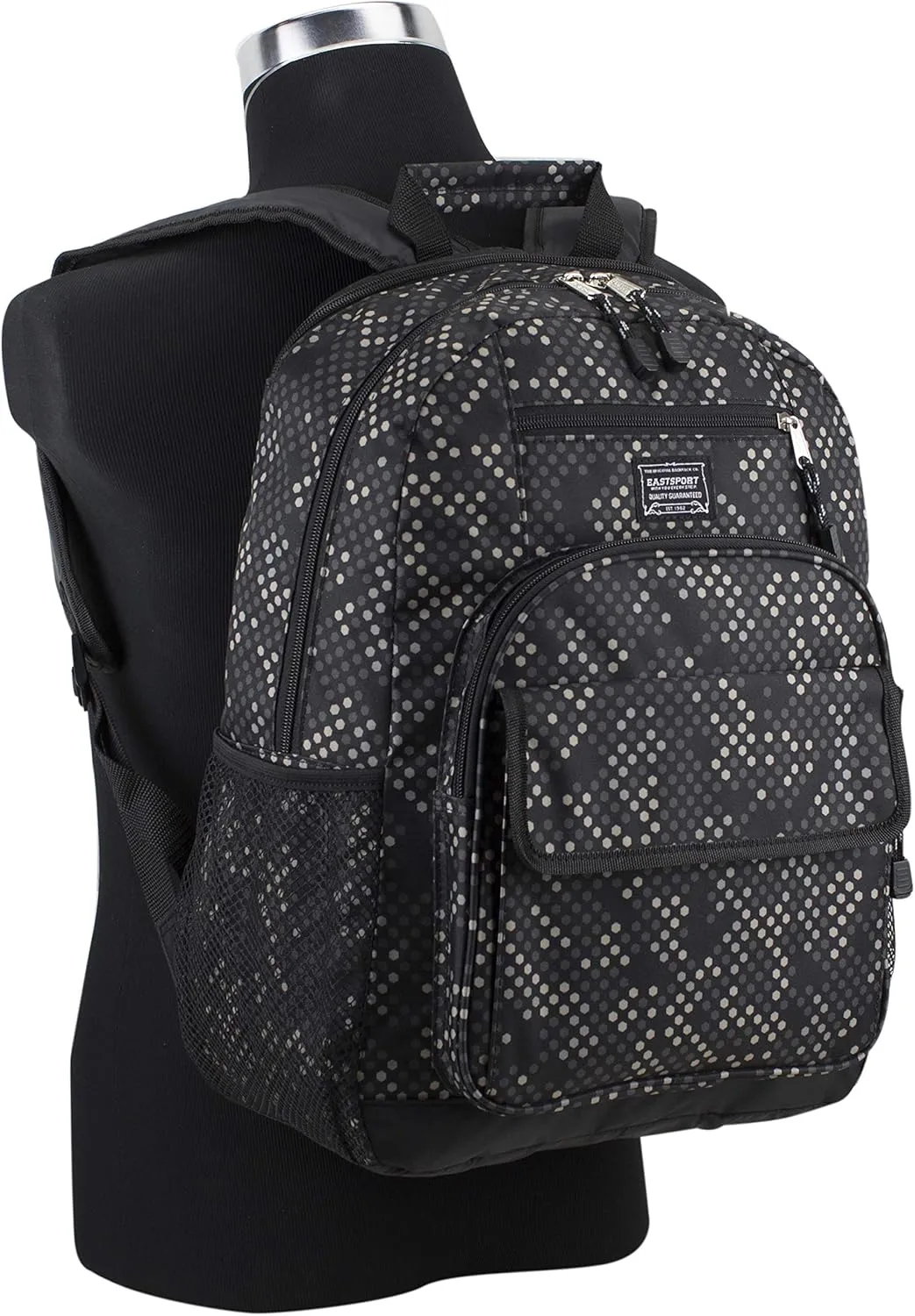 Eastsport Travel Luggage Carry On Weekender Backpack Daypack Large Tech Laptop Bag for Work, Gym, Hiking, Black Hexagon Dotted Print