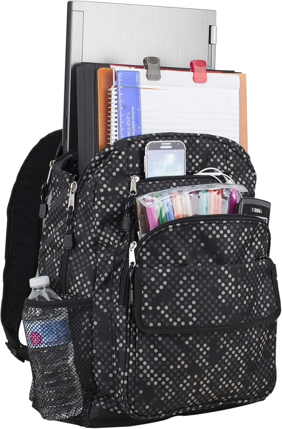 Eastsport Travel Luggage Carry On Weekender Backpack Daypack Large Tech Laptop Bag for Work, Gym, Hiking, Black Hexagon Dotted Print