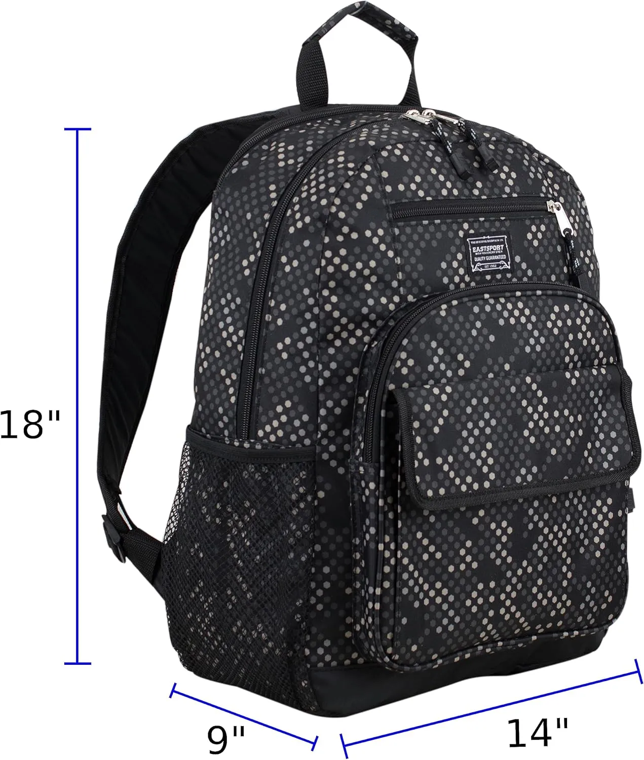 Eastsport Travel Luggage Carry On Weekender Backpack Daypack Large Tech Laptop Bag for Work, Gym, Hiking, Black Hexagon Dotted Print