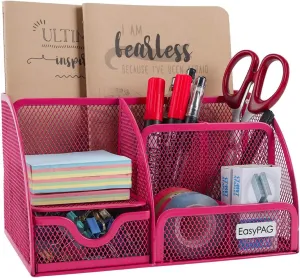 EasyPAG Mesh Desk Organizer for Women with Drawer - Multi-Functional Office & Makeup Storage, Anti-Scratch Pads, 5 Compartments, Durable Metal Mesh for Home, School, Classroom, Pink