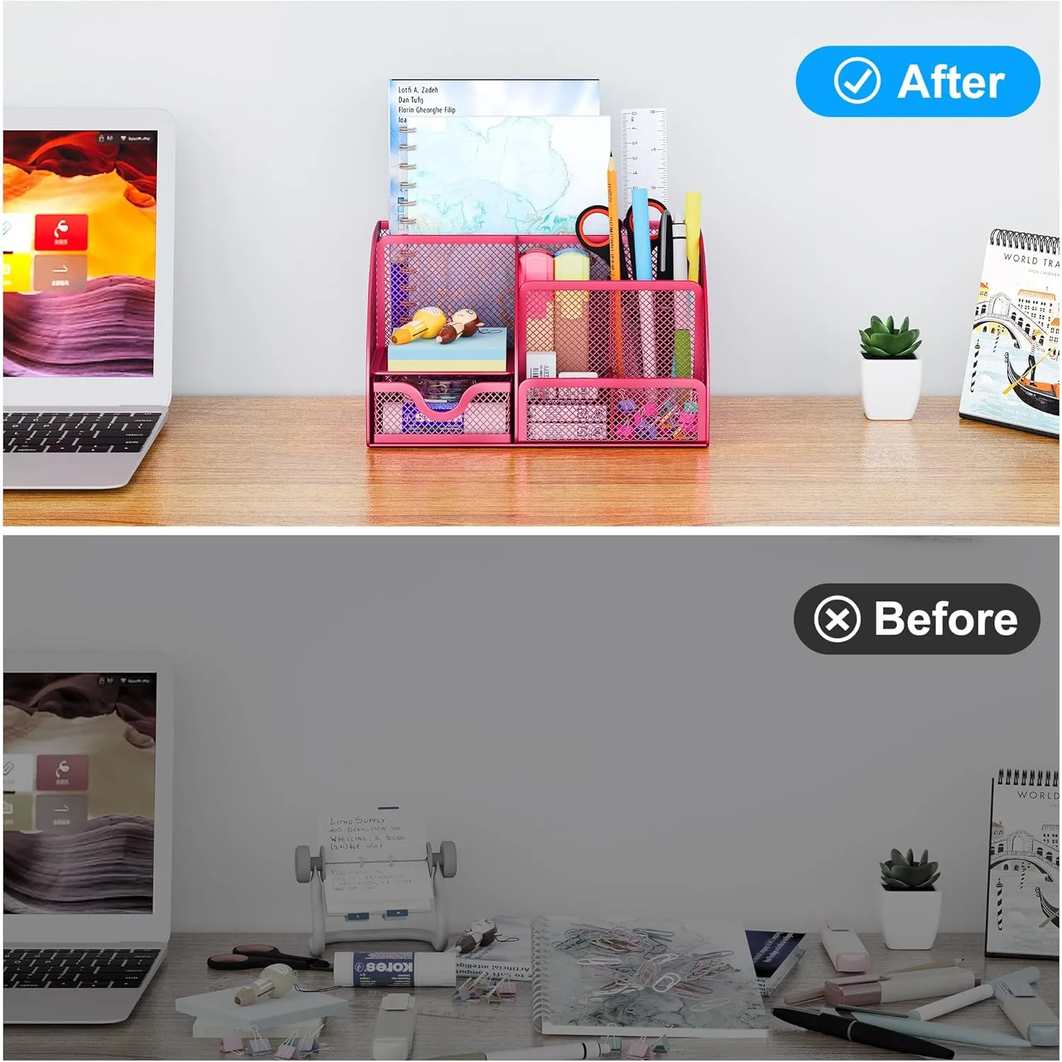 EasyPAG Mesh Desk Organizer for Women with Drawer - Multi-Functional Office & Makeup Storage, Anti-Scratch Pads, 5 Compartments, Durable Metal Mesh for Home, School, Classroom, Pink
