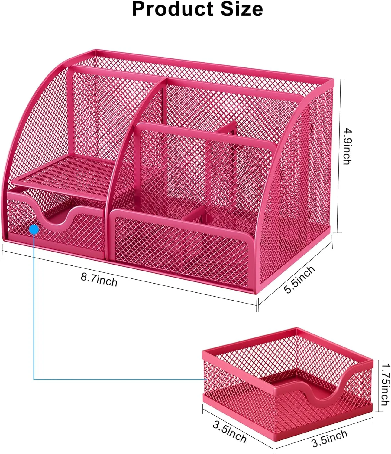 EasyPAG Mesh Desk Organizer for Women with Drawer - Multi-Functional Office & Makeup Storage, Anti-Scratch Pads, 5 Compartments, Durable Metal Mesh for Home, School, Classroom, Pink