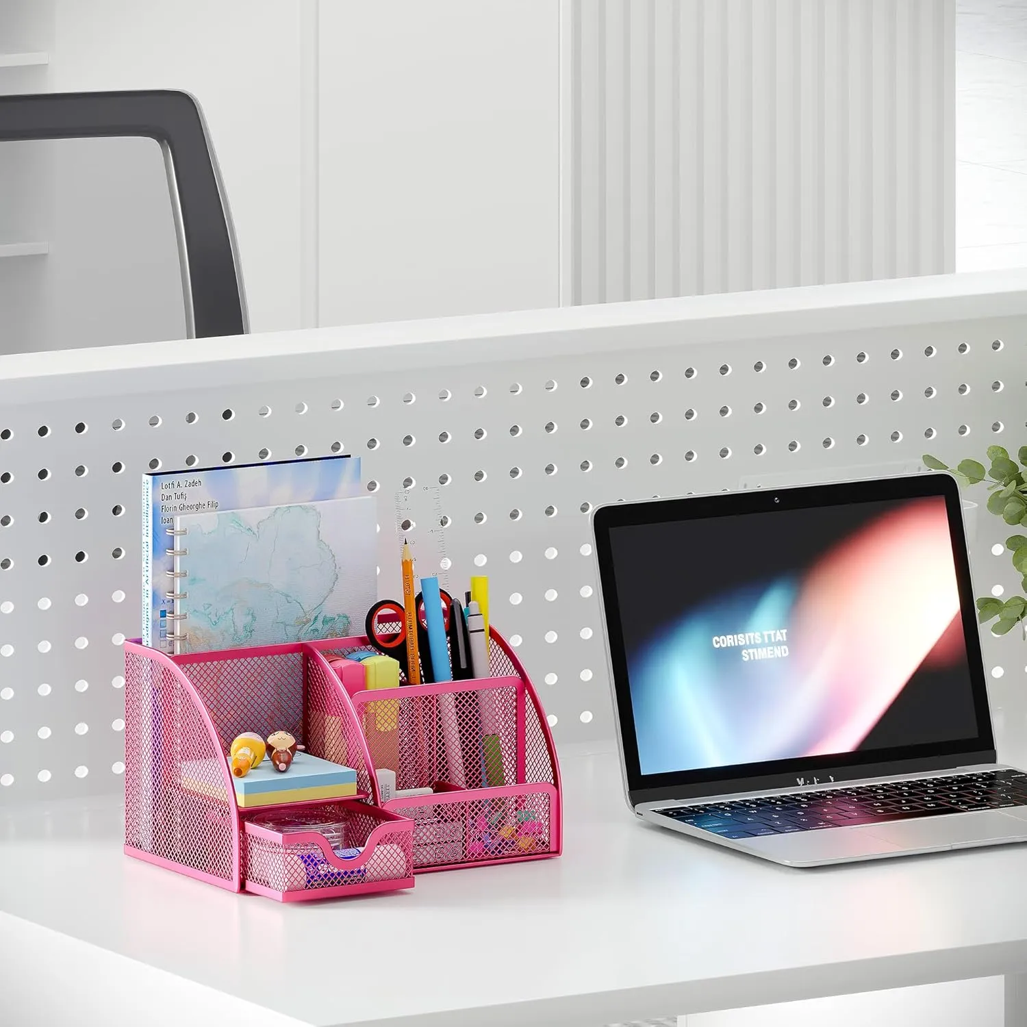 EasyPAG Mesh Desk Organizer for Women with Drawer - Multi-Functional Office & Makeup Storage, Anti-Scratch Pads, 5 Compartments, Durable Metal Mesh for Home, School, Classroom, Pink