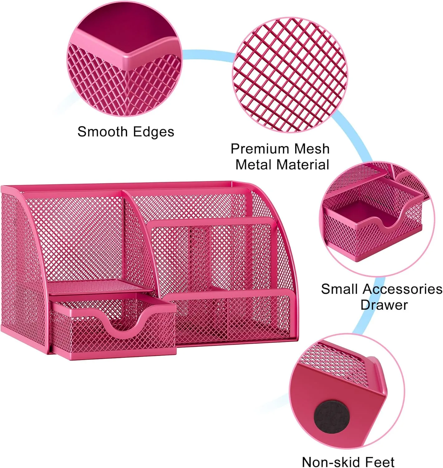 EasyPAG Mesh Desk Organizer for Women with Drawer - Multi-Functional Office & Makeup Storage, Anti-Scratch Pads, 5 Compartments, Durable Metal Mesh for Home, School, Classroom, Pink