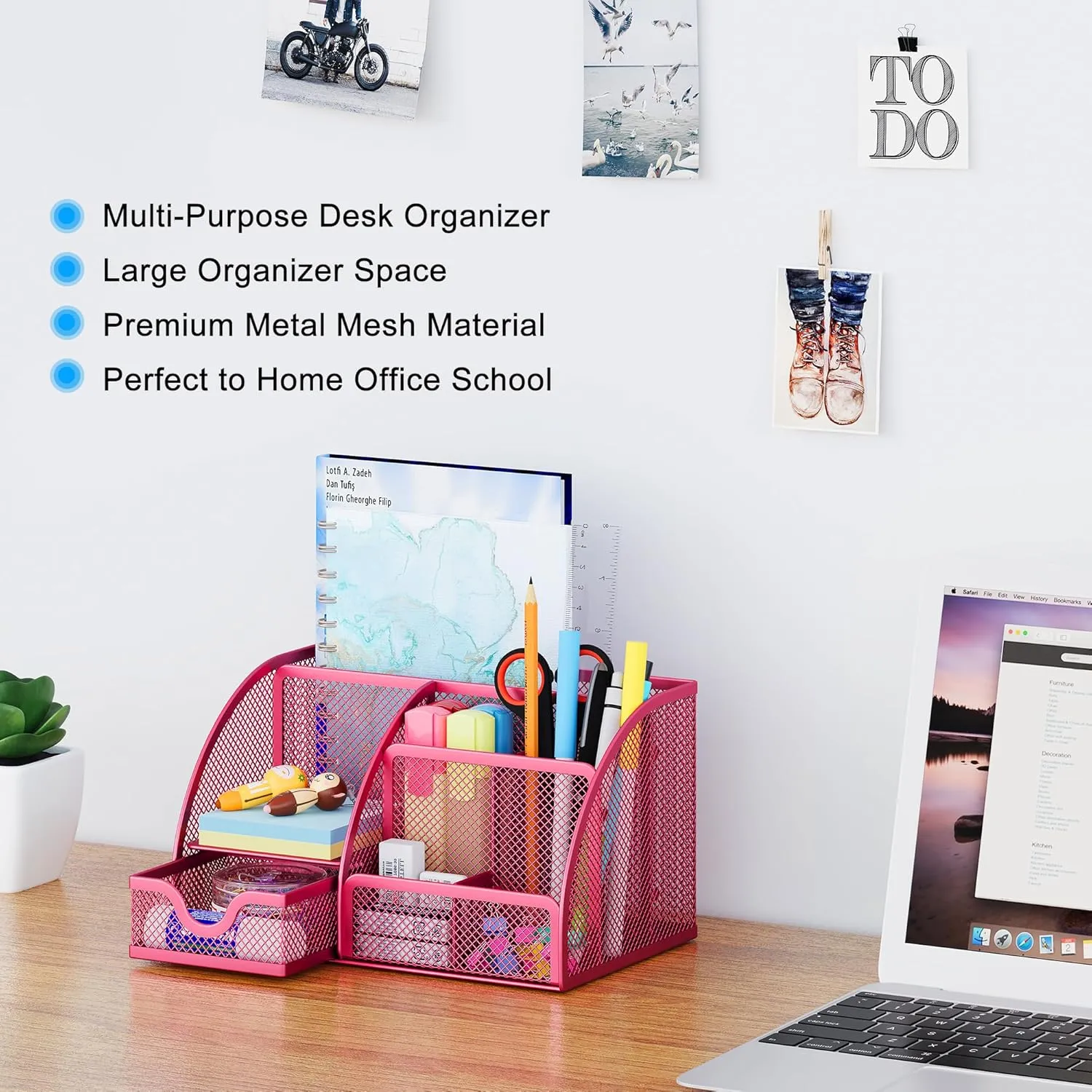 EasyPAG Mesh Desk Organizer for Women with Drawer - Multi-Functional Office & Makeup Storage, Anti-Scratch Pads, 5 Compartments, Durable Metal Mesh for Home, School, Classroom, Pink