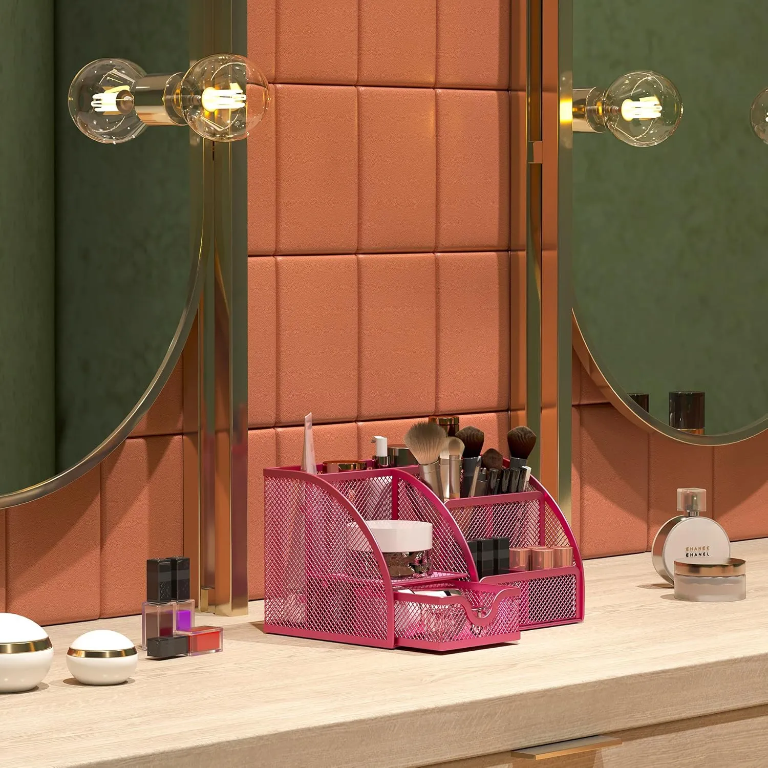 EasyPAG Mesh Desk Organizer for Women with Drawer - Multi-Functional Office & Makeup Storage, Anti-Scratch Pads, 5 Compartments, Durable Metal Mesh for Home, School, Classroom, Pink