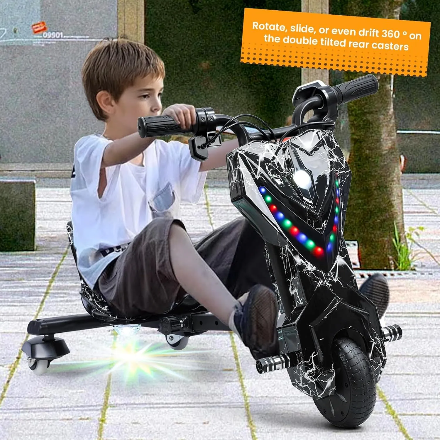 Electric Drift Trike for kids,Drift Cart,Big Wheel Drifting Tricycle for Ages 8  with Strong Steel Frame,Crazy Kart, 12V Electric Ride-On Car with Swivel, Slide, and 360° Drift Features,Black