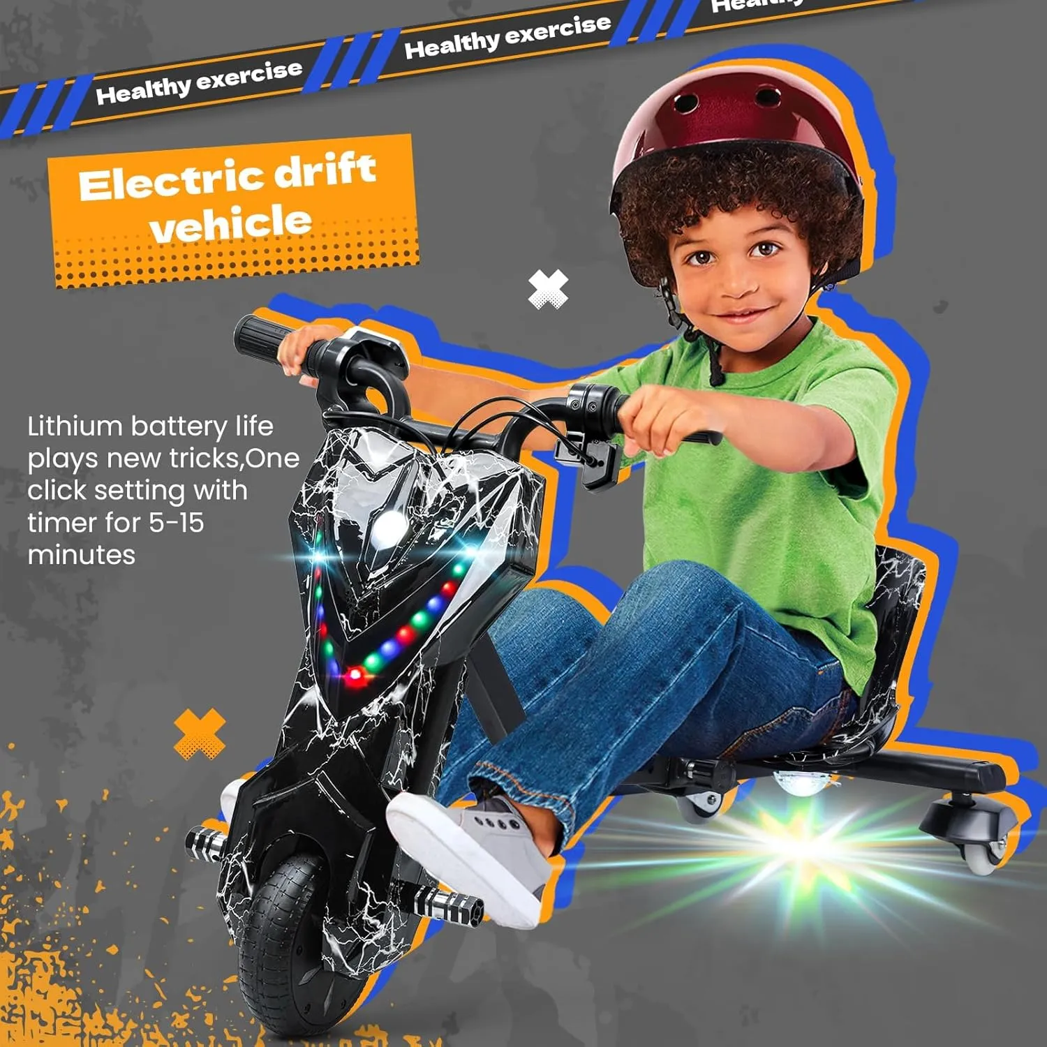 Electric Drift Trike for kids,Drift Cart,Big Wheel Drifting Tricycle for Ages 8  with Strong Steel Frame,Crazy Kart, 12V Electric Ride-On Car with Swivel, Slide, and 360° Drift Features,Black