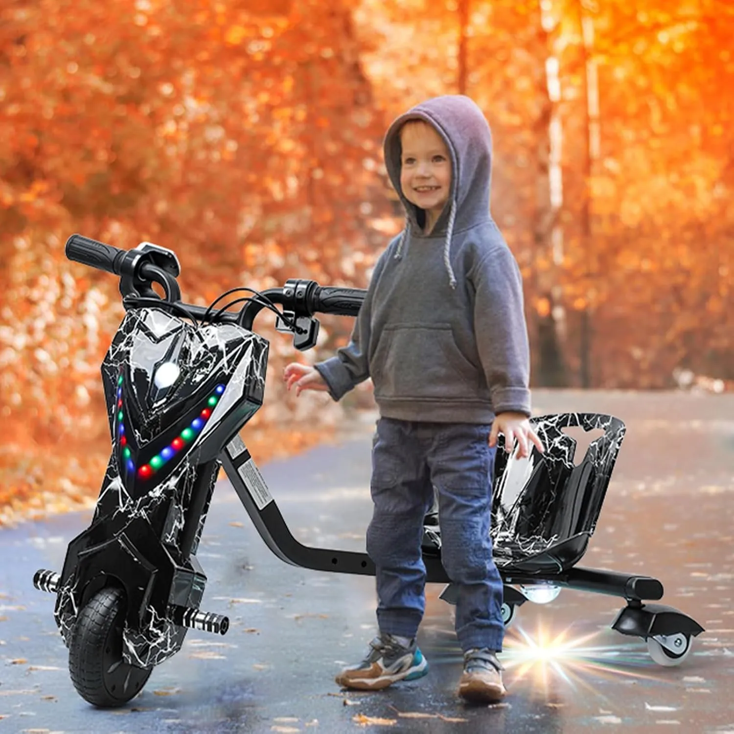 Electric Drift Trike for kids,Drift Cart,Big Wheel Drifting Tricycle for Ages 8  with Strong Steel Frame,Crazy Kart, 12V Electric Ride-On Car with Swivel, Slide, and 360° Drift Features,Black