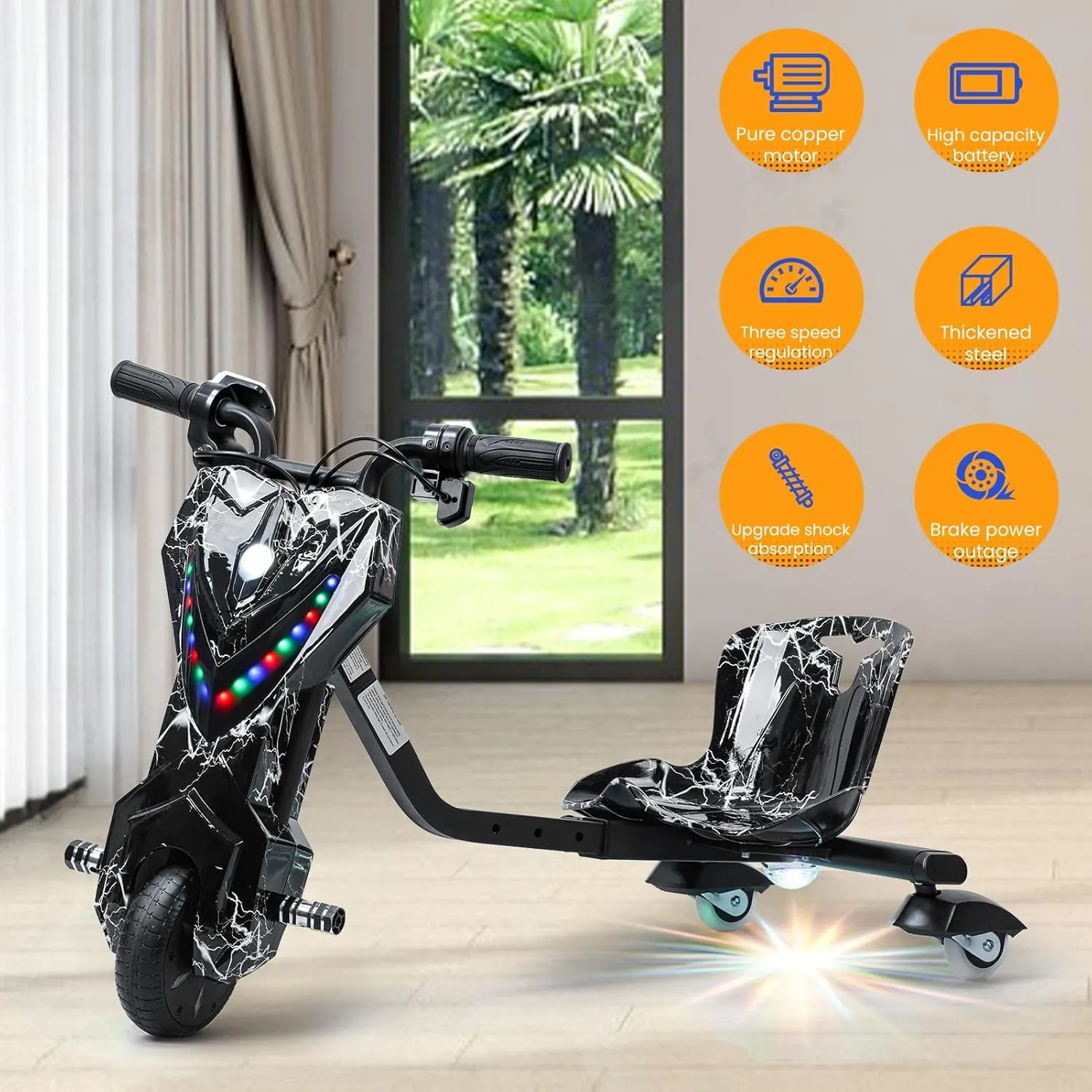 Electric Drift Trike for kids,Drift Cart,Big Wheel Drifting Tricycle for Ages 8  with Strong Steel Frame,Crazy Kart, 12V Electric Ride-On Car with Swivel, Slide, and 360° Drift Features,Black
