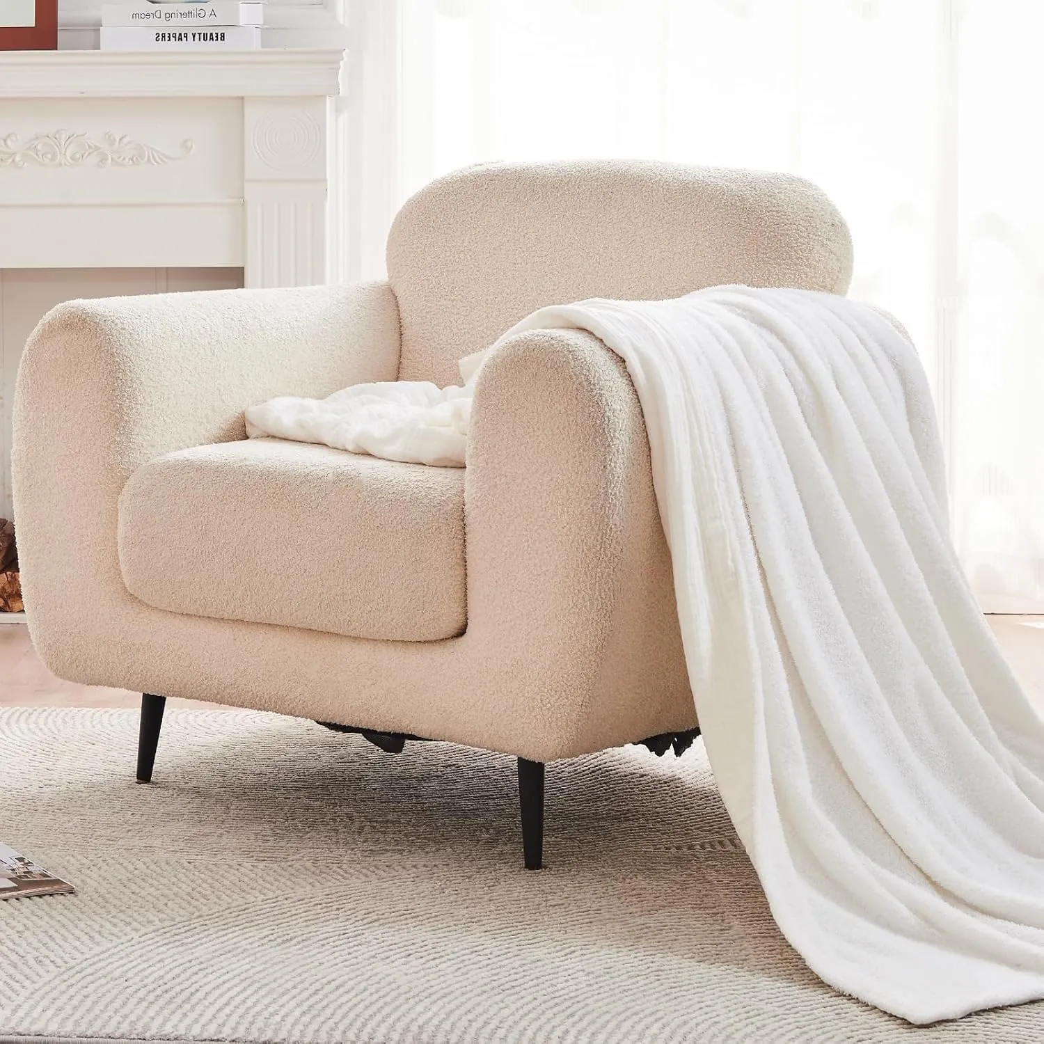 EMME Muslin Cotton Fleece Twin Blanket Reversible - 60"*80" Cream Soft Warm Throw Blankets for Couch Bed Picnic Travel Bed