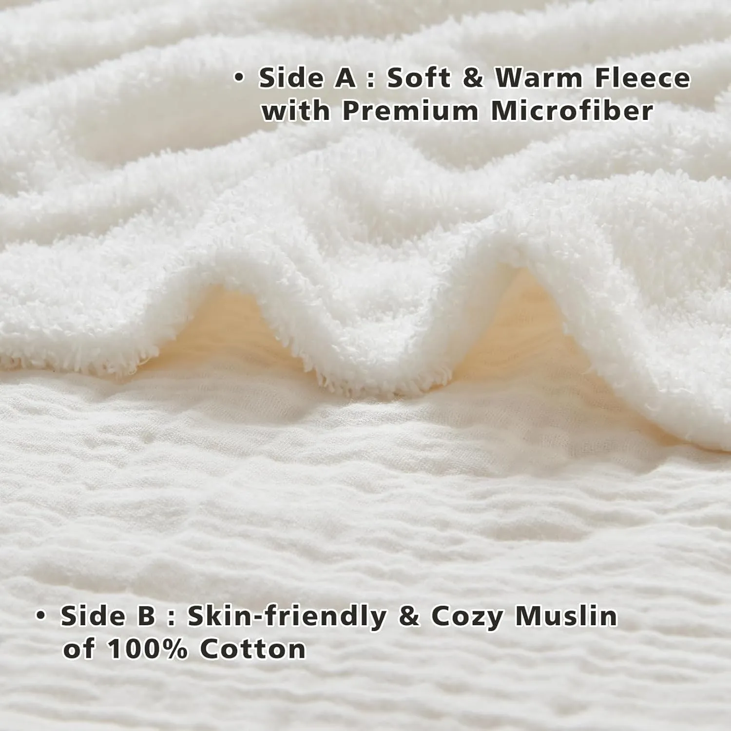 EMME Muslin Cotton Fleece Twin Blanket Reversible - 60"*80" Cream Soft Warm Throw Blankets for Couch Bed Picnic Travel Bed