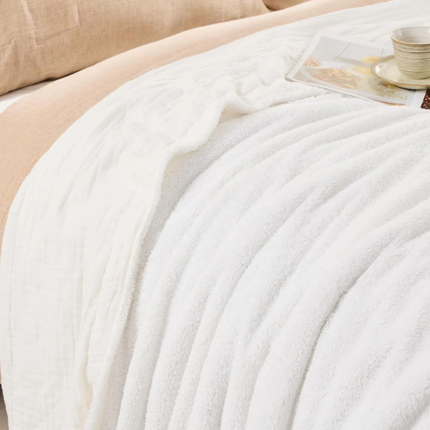EMME Muslin Cotton Fleece Twin Blanket Reversible - 60"*80" Cream Soft Warm Throw Blankets for Couch Bed Picnic Travel Bed