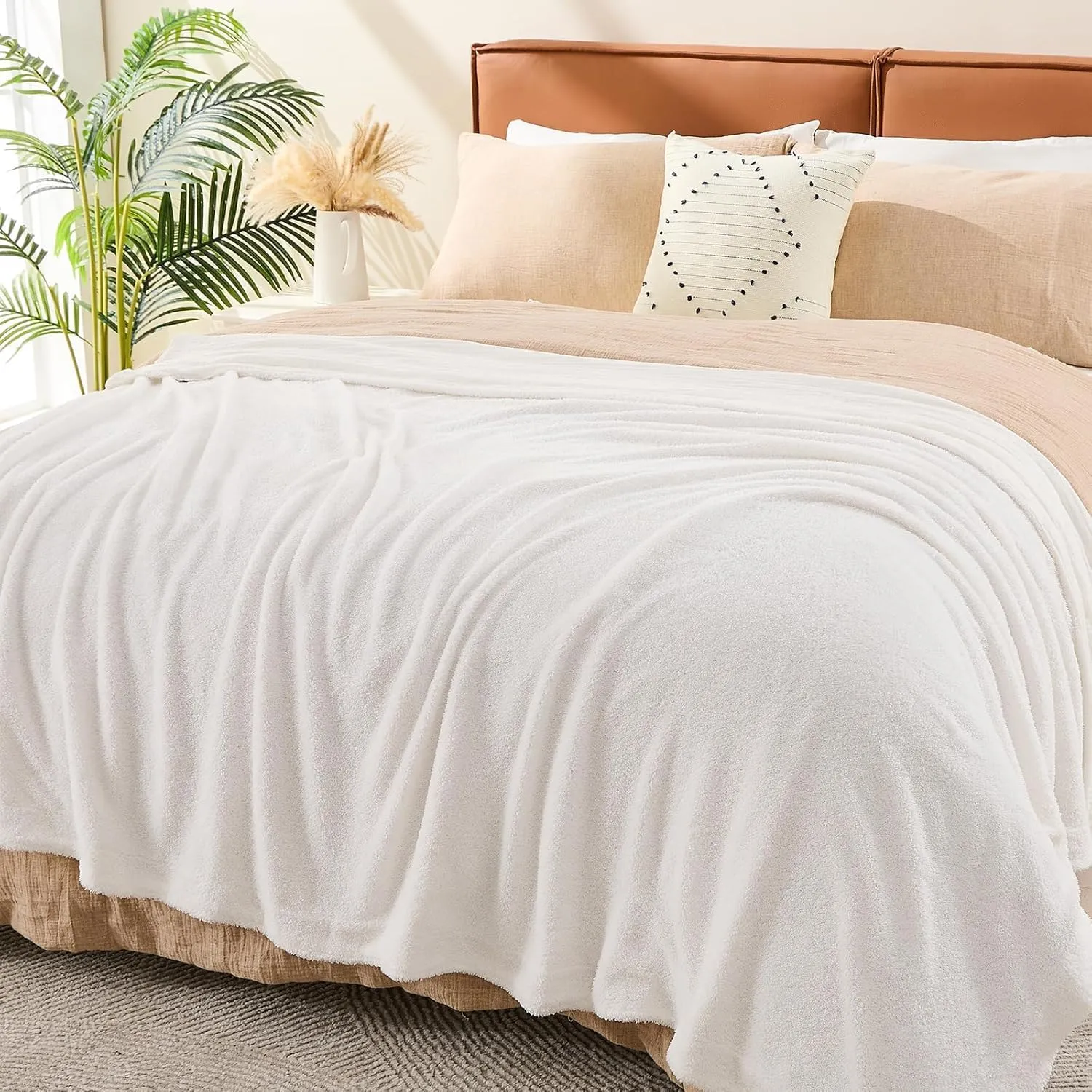 EMME Muslin Cotton Fleece Twin Blanket Reversible - 60"*80" Cream Soft Warm Throw Blankets for Couch Bed Picnic Travel Bed