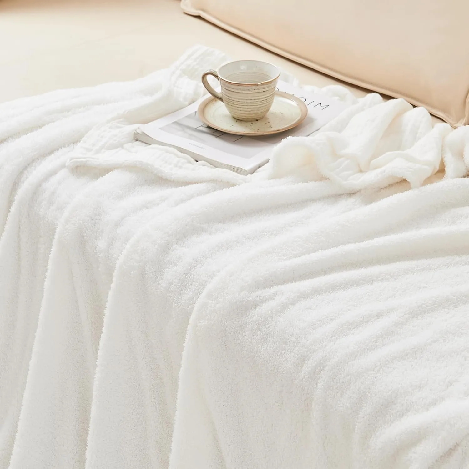 EMME Muslin Cotton Fleece Twin Blanket Reversible - 60"*80" Cream Soft Warm Throw Blankets for Couch Bed Picnic Travel Bed
