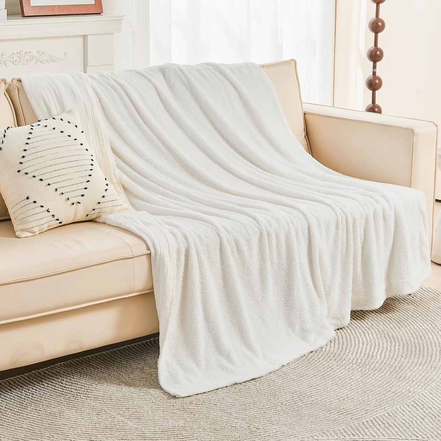 EMME Muslin Cotton Fleece Twin Blanket Reversible - 60"*80" Cream Soft Warm Throw Blankets for Couch Bed Picnic Travel Bed