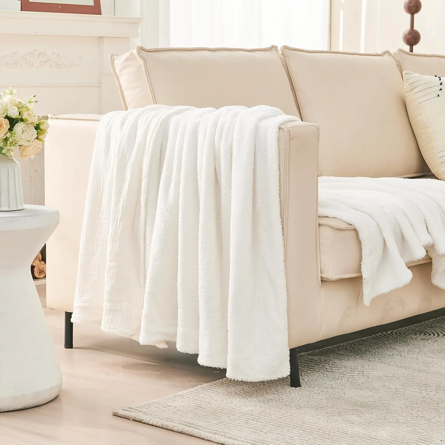 EMME Muslin Cotton Fleece Twin Blanket Reversible - 60"*80" Cream Soft Warm Throw Blankets for Couch Bed Picnic Travel Bed