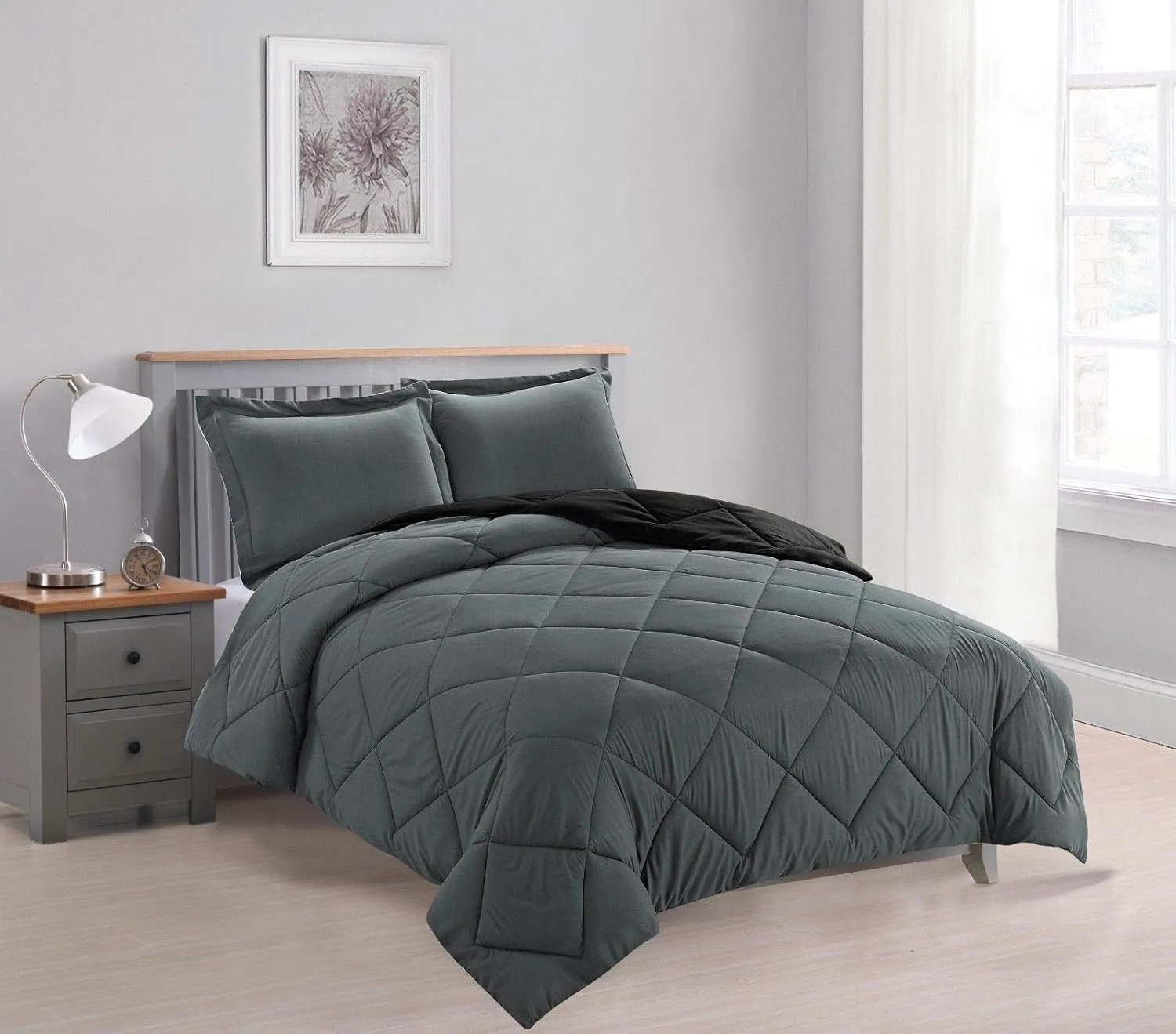 Empire Home Bed in A Bag Reversible Down Alternative All Season Comforter Set with Sheet Set Included !! (Black & Gray, Queen)