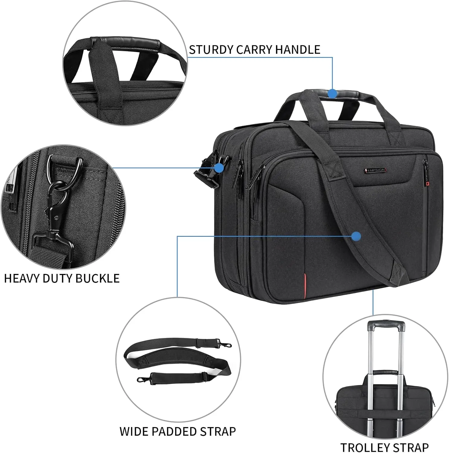 EMPSIGN Stylish Laptop Bag Briefcase, 17.3 Inch Laptop Case Expandable Messenger Bag for Men Water Repellent, RFID Blocking Office Carrying Shoulder Bag for Work Business Travel-Black
