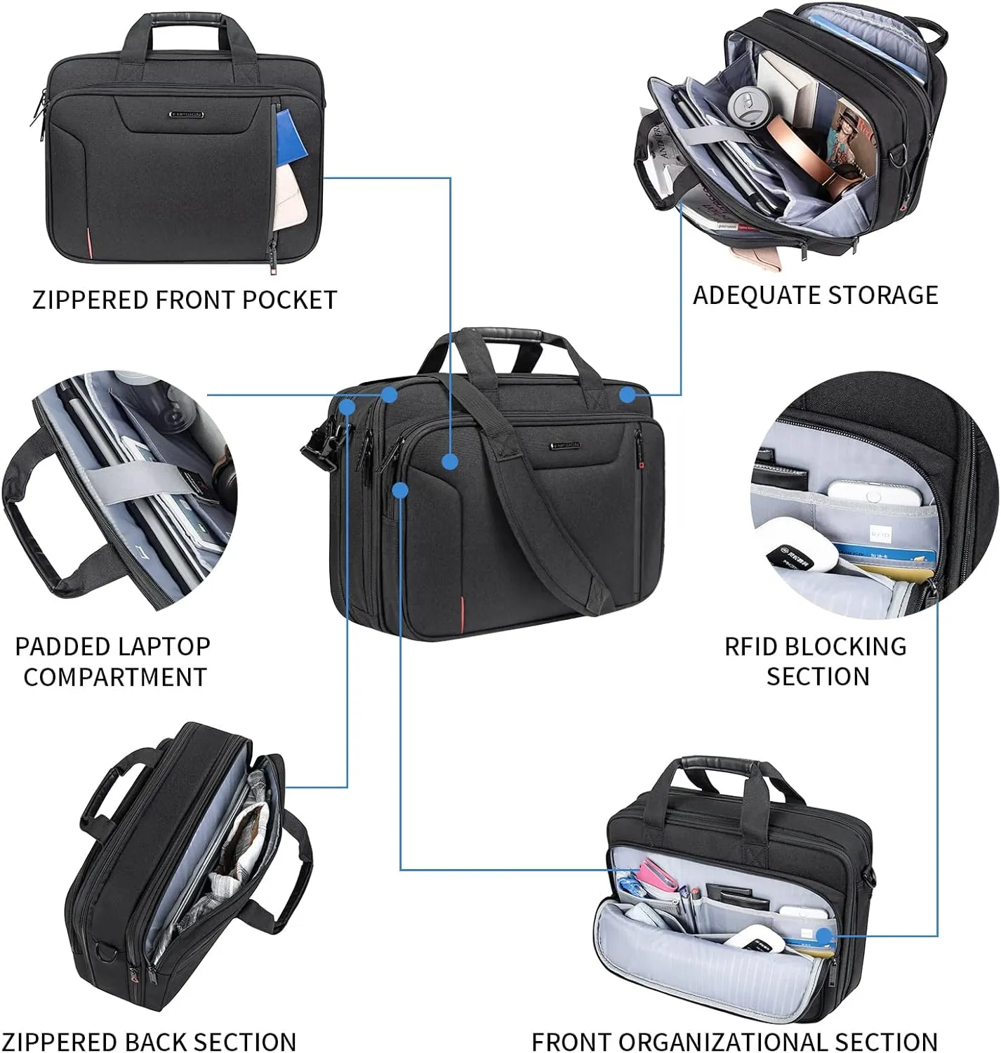 EMPSIGN Stylish Laptop Bag Briefcase, 17.3 Inch Laptop Case Expandable Messenger Bag for Men Water Repellent, RFID Blocking Office Carrying Shoulder Bag for Work Business Travel-Black