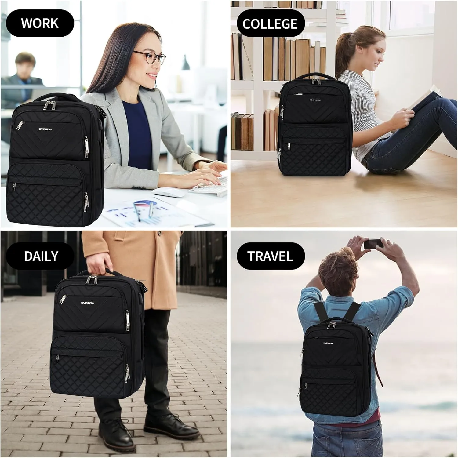 EMPSIGN Travel Backpack for Women, Large Carry On Backpack Airline Approved Personal Item, 17 inch TSA Friendly Laptop Backpack with USB Port, Casual Daypack for Weekender Business Hiking, Black