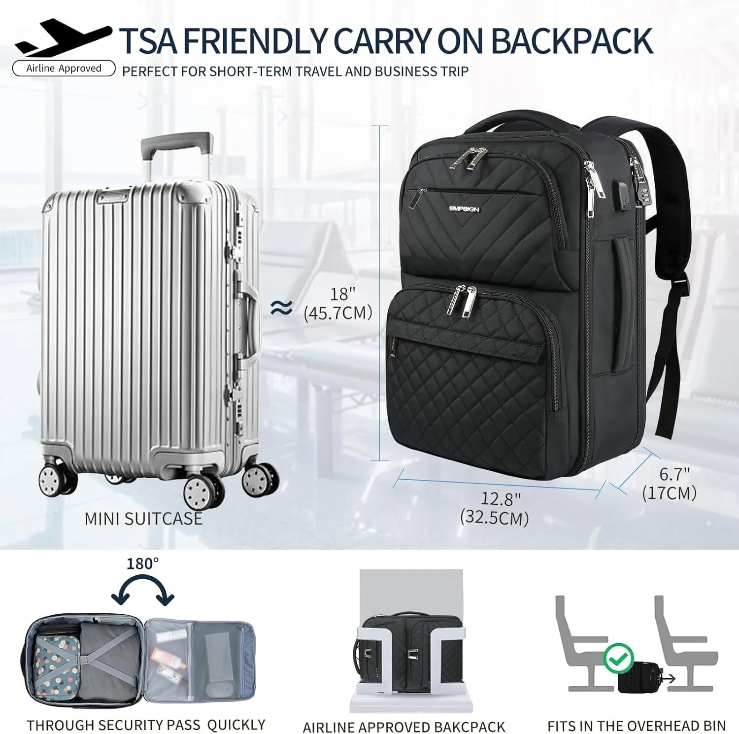EMPSIGN Travel Backpack for Women, Large Carry On Backpack Airline Approved Personal Item, 17 inch TSA Friendly Laptop Backpack with USB Port, Casual Daypack for Weekender Business Hiking, Black